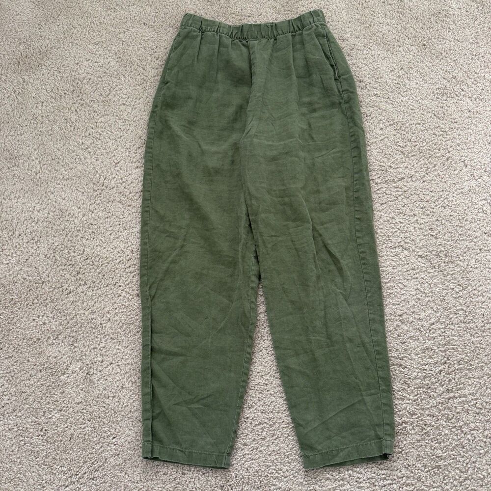 Zara Women's Green Linen Tapered Pants Elastic Waist Lounge Casual Career Sz Xs